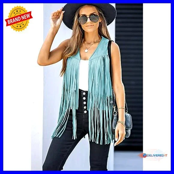 Faux Suede Fringe Vest Sleeveless Boho Retro Western Cowgirl Outerwear
